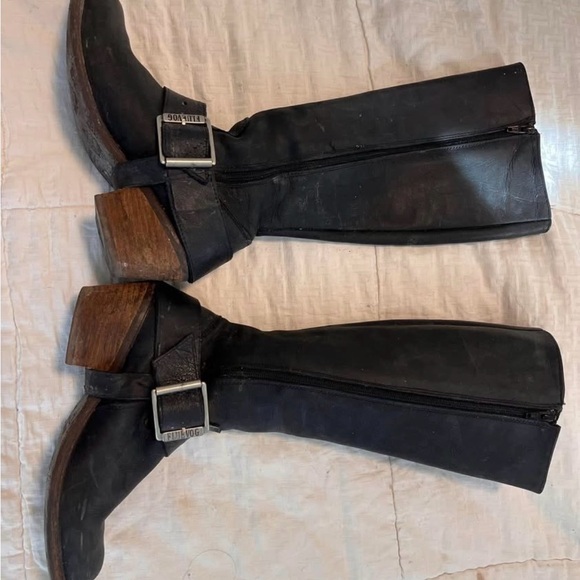 John Fluevog Black Combat Boots with Silver Buckle - Picture 2 of 7